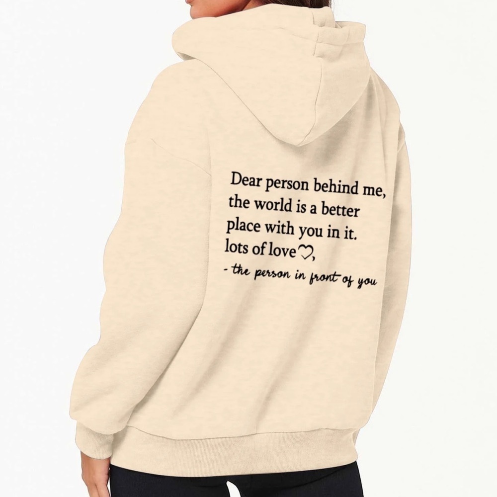 NWOT Cream Hoodie with quote on back size S